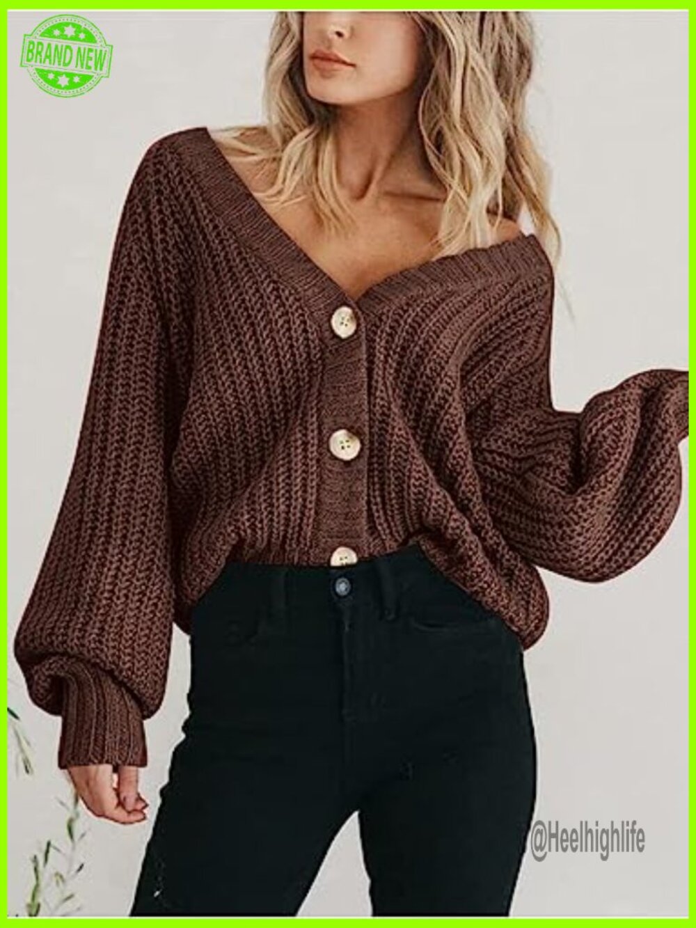 Chunky Knit Open Front Short Cardigan Long Sleeve Button Down V-Neck Loose - Picture 6 of 7